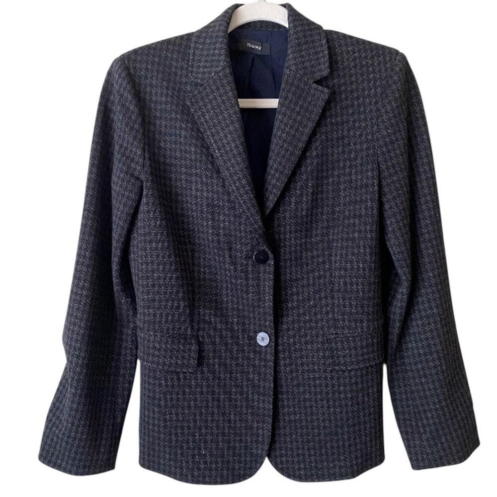Theory | Shrunken Houndstooth Knit Twill Blazer Jacket Career Gray Black Size 4 - Picture 4 of 10